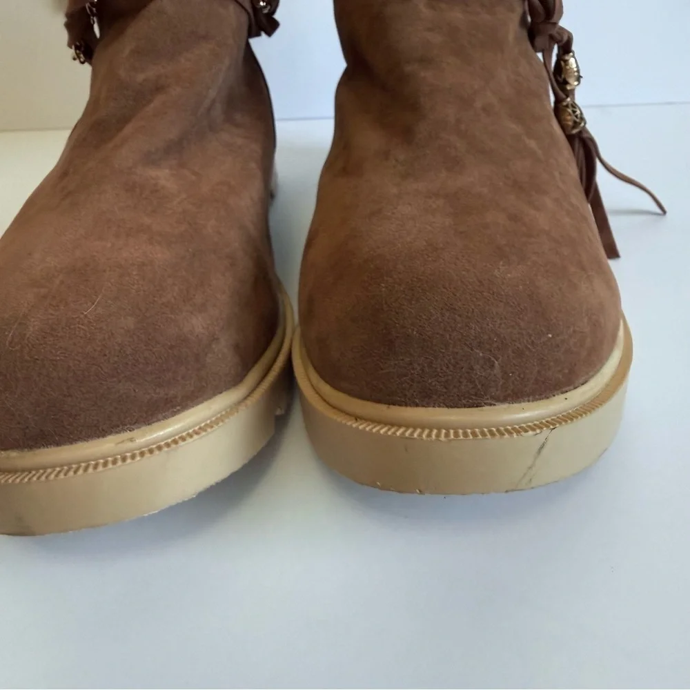 Boho Chic Chestnut Suede Furry Winter Boots | Chain & Tassel Accents